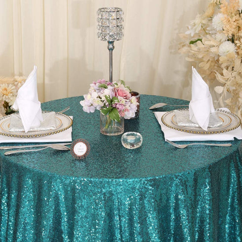 PartyDelight 72" Round Teal Sequin Tablecloth for Wedding, Dessert, Party, Banquet.
