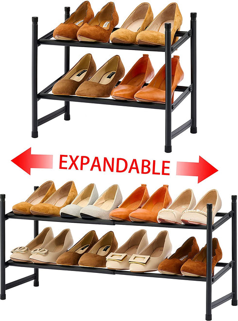 Tajsoon 2-Tier Stackable Shoe Rack Organizer, Expandable & Adjustable Metal Iron Shoes Storage for Entryway Doorway, Black