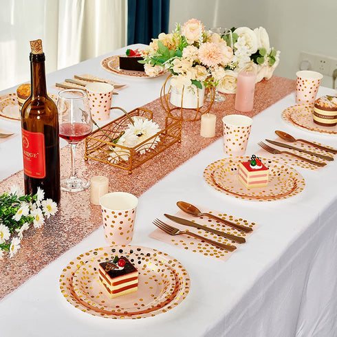 Party Supplies 175 Disposable Dinnerware Set Gold Dots on Pink Paper Plates Cups and Napkins, Gold Plastic Knives Spoons Forks for Baby Shower Wedding Party Bridal Shower
