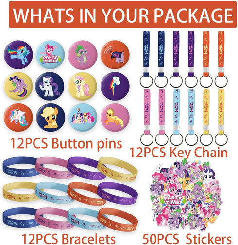 My Little Pony Birthday Party Supplies, My Little Pony Party Supplies, My Little Pony Party Favors Includes 12 Bracelets,12 Button Pins,12 Keychain, 50 Stickers for My Little Pony Party