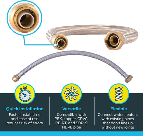 SharkBite U3086FLEX24LFA Water Softener Connector, 3/4 Inch to 1 Inch FNPT x 24 Inch, Push-to-Connect COPPER, PEX, CPVC, Braided Stainless Steel
