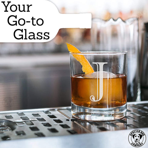 Etched Monogram 10.25oz Rocks Old Fashioned Lowball Glass for Whiskey Scotch Bourbon (Letter J)