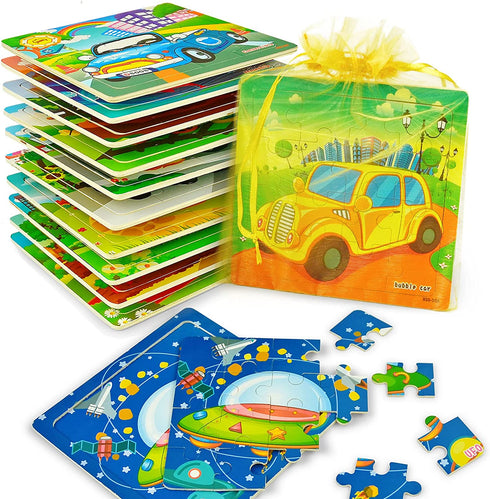 Vileafy Children Party Favors, Puzzles for Toddlers 2-4 Years Old, Wooden Kindergarten Puzzles for Boys and Girls, 12-Pack Toddlers Puzzles with Individual Storage Tray & Organza Bags