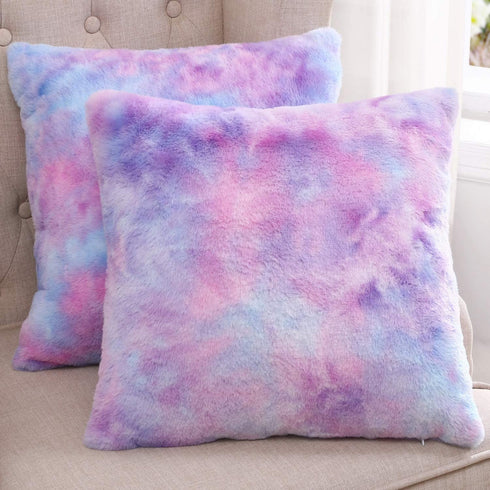 Muchique Pack of 2 Soft Plush Faux Fur Tie Dye Decorative Throw Pillow Covers- Fuzzy Cushion Cases/Pillowcases for Sofa, Bedroom, Living Room, Square 16 X 16 Inches, Purple