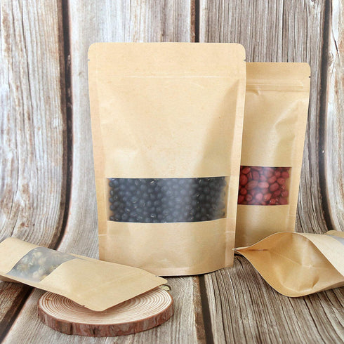 SumDirect Kraft Zip Lock Stand Up Bags Pouches with Notch and Matte Window 5.9x8.6 Inches,5.7oz,Pack of 50