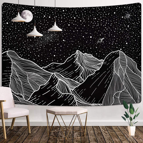 Sevenstars Mountain Tapestry Moon Star Tapestry Starry Night Sky Tapestry Black and White Mountains Tapestry for Room