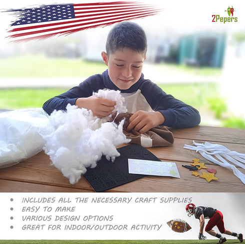 2Pepers Make Your Own American Football Pillow, Arts and Crafts Kit for Kids, Toy Gifts for Boys and Girls Ages 3 4 5 6 7 8 9 10 Years and Up (No Sewing Needed), DIY Stuffed Football Pillow Project.