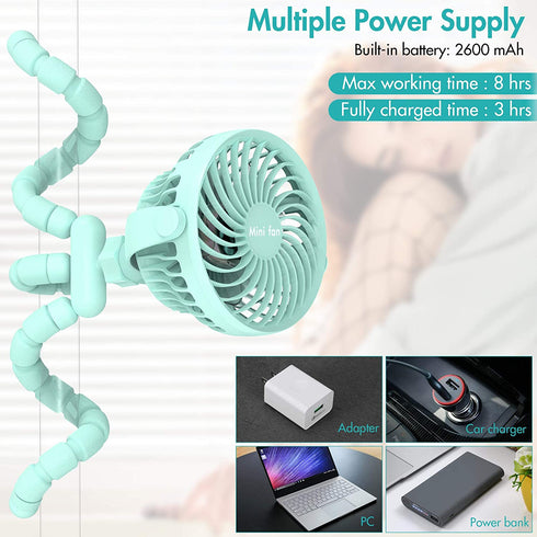 Stroller Fan, 2600mAh Battery Powered Personal Desk Air Circulator Fan with Flexible Tripod, Ultra Quiet 4 Speed 360° Rotatable USB Fan for Stroller Office Camping Hurricane Outage, Blue