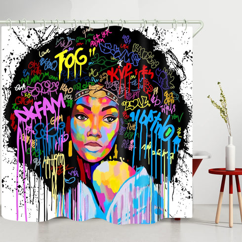 LYFANS, Waterproof Hooks & Liners for Bathroom Accessories ,Polyester Fabric Shower Curtain for Bathtub,Wide Bright African American Black Girl 3D Printed Toilet Room Hangings with Hooks, 60€³ x 72€³