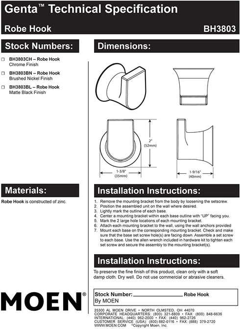Moen BH3803BL Genta Modern Single Robe Hook, Matte Black