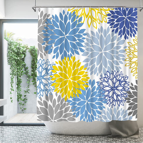 ArtBones Yellow Grey Blue Shower Curatin 72x72inch with Hooks Dahlia Pinnata Flower Shower Curtain Floral Shower Curtain Bathroom Decor