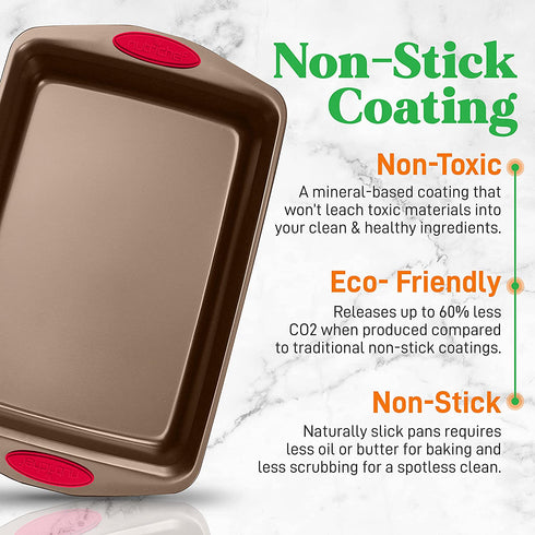NutriChef 2-Piece Baking Pan Set - PFOA, PFOS, PTFE Free Flexible Nonstick Golden Coating Carbon Steel Bakeware - Professional Home Kitchen Bake Cookie Sheet Stackable Tray w/ Red Silicone Handles
