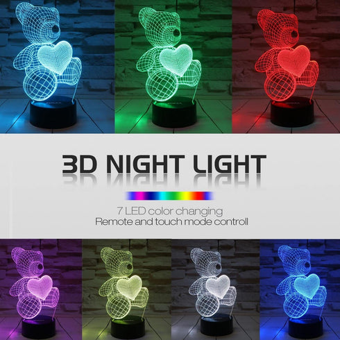 Night Light 3D lamp 7 Colors Changing Nightlight with Smart Touch & Remote Control 3D Night Light for Kids or as Gifts for Women Kids Girls Boys (Teddy Bear)