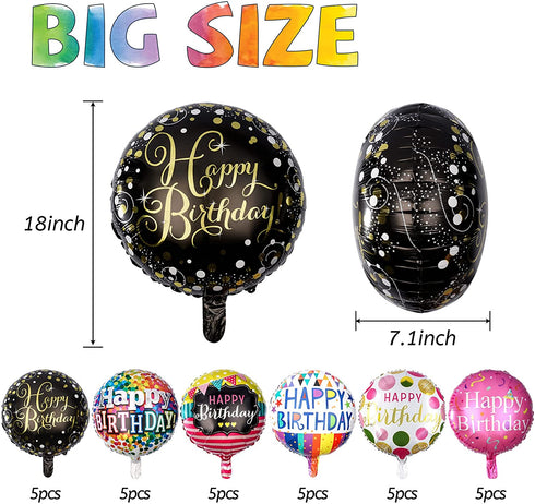 Sharlity Happy Birthday Foil Mylar Helium Balloon, 18" Round Foil Balloon, Pack of 30
