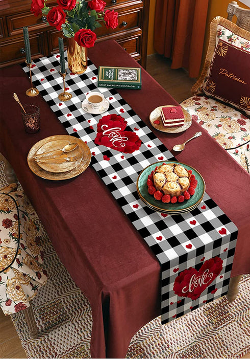 Valentine's Day Table Runner 13x90 Inch, Romantic Red Love Heart Vintage Black White Buffalo Plaid Table Runner Dresser Scarves for Valentines Day Dinner Parties Washable Cotton Linen Table Runners