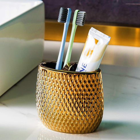 Gold Bathroom Accessory Set 4 Piece Ceramic Bath Accessories Sets Complete, Rain- Drop Shaped Bathroom Essential with Toothbrush Holder & Dish, Tumbler,Soap Dispenser Set for Bath Decor