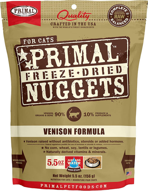 Primal Freeze Dried Cat Food Nuggets Venison Formula, Crafted in The USA Grain Free Raw Cat Food, 5.5 oz