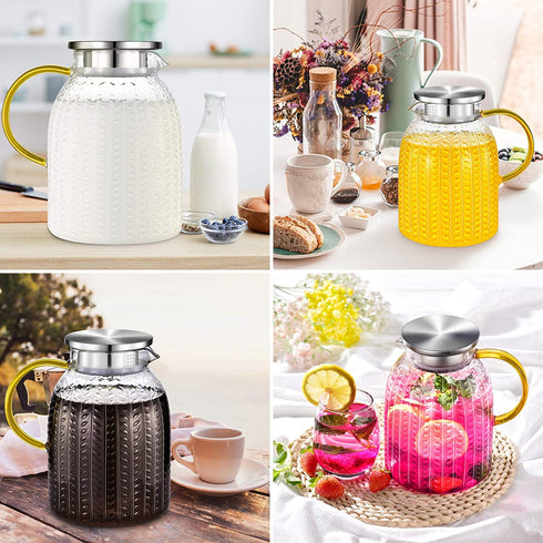 Aofmee Pitcher, 60oz Glass Pitcher, Water Pitcher with Lid, Iced Tea Pitcher for Fridge, Glass Carafe for Cold or Hot Beverages, Sun Tea Jar for Juice, Easy Clean Heat Resistant Glass Jug for Milk
