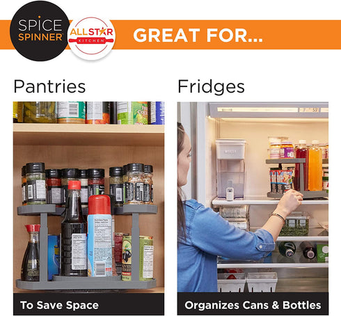 Spice Spinner Two-Tiered Spice Organizer & Holder That Saves Space, Keeps Everything Neat, Organized & Within Reach With Dual Spin Turntables- Grey