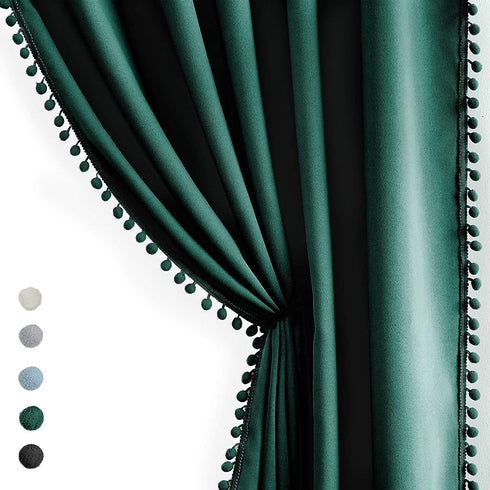 Pompom Green Full Blackout Curtains for Bedroom Living Room 63 inch Thermal Insulated Window Curtain Panels for Chrismas Décor 50" w x2 Panels Rod Pocket