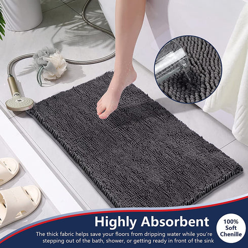 AIDEA Bathroom Rugs-30 x20'', Chenille Bath Mat for Bathroom Highly Absorbent Shower Mat, Non Slip Bath Rugs, Soft and Cozy, Machine Washable & Dry Bathmat, Microfiber Bath Room Floor Mats-Grey