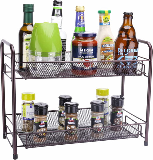 Spice Rack for Countertops,Fruit and Vegetable Storage Basket for Kitchen, 2 Tier Free Standing Seasoning Organizer, Bathroom Counter Storage Shelf, Bronze