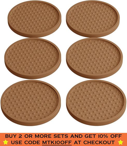 Large Drink Coasters - Absorbs Moisture and Prevents Table Damage, Modern Brown Rubber Coaster with Non-Slip Bottom for Drinking Glasses, 6 Pack