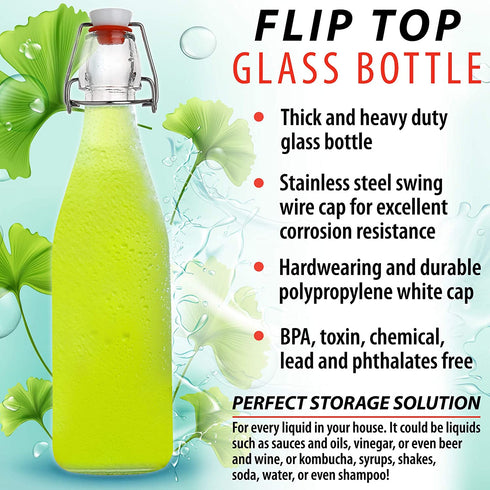 Flip Top Glass Bottle Swing Top Brewing Bottle with Stopper for Beverages, Oil, Vinegar, Kombucha, Beer, Water, Soda, Kefir Airtight Lid & Leak Proof Cap Clear (6)
