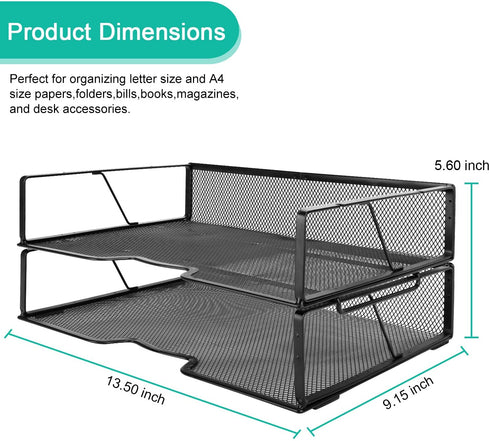 Meshist Stackable Letter Tray Desk Organizer, 2 Tier Mesh Desktop File Organizer, Document Paper Tray Organizer, Perfect for Home and Office, Black