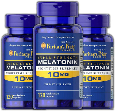 Puritan's Pride Melatonin 10 mg Sleep aid Insomnia Relax Sleep Pill 120 Capsules (3-Pack)