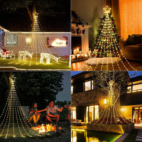 Christmas Decorations Star String Lights, 290 LED Waterfall Tree Lights with 11" Topper Star Christmas Lights Indoor Outdoor Decorative for Wedding Yard Party Home Holiday Decor (Warm White)
