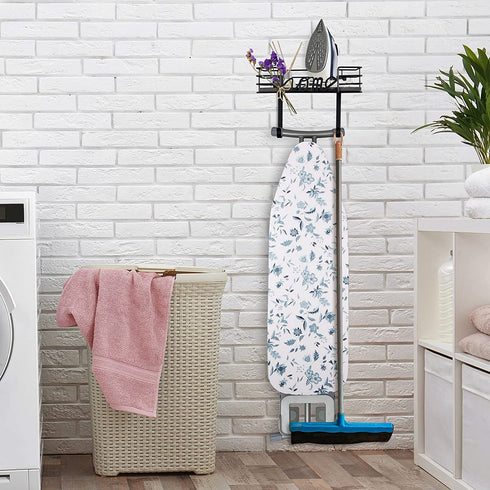 TJ.MOREE Ironing Board Hanger Wall Mount- Laundry Room Decor- Iron and Ironing Board Holder, Laundry Room Organization and Storage with Large Storage Black Wooden Base Basket and Removable Hooks