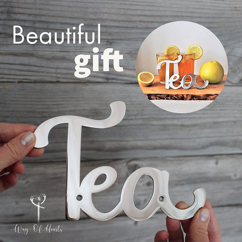 Way Of Hearts - Stainless Steel Metal Tea Sign for Kitchen Wall Decor - 7.4" x 4.9" Polished Silver Kitchen Wall Art - Decoration for Tea and Coffee Station - Including hardware set