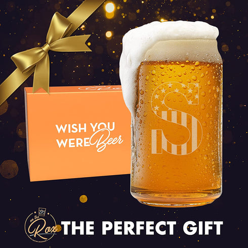 Monogram Beer Glasses for Men (A-Z) 16 oz - Beer Gifts for Men Brother Son Dad Neighbor - Unique Christmas Gifts for Him - Personalized Drinking Gift Beer Glass Mugs - Engraved Beer Can Glass ( S )