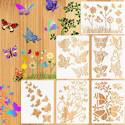 6 Pieces Butterfly Painting Stencils Dandelion Flowers Stencil Butterfly Reusable Mylar Template Stencils with Metal Open Ring for Painting on Wood Wall Home Decor DIY Crafts
