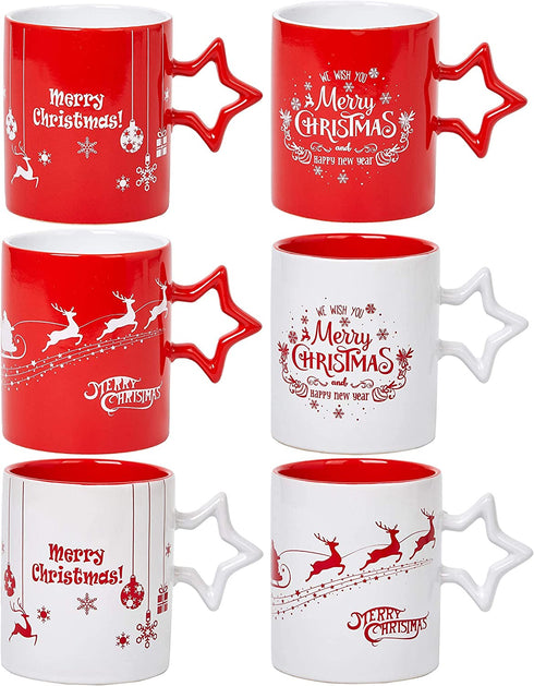 Coffee Mug Set Set of 6 Large-sized 14 Ounce Christmas Theme Ceramic Coffee Mugs Restaurant Coffee Mugs, Star Handle
