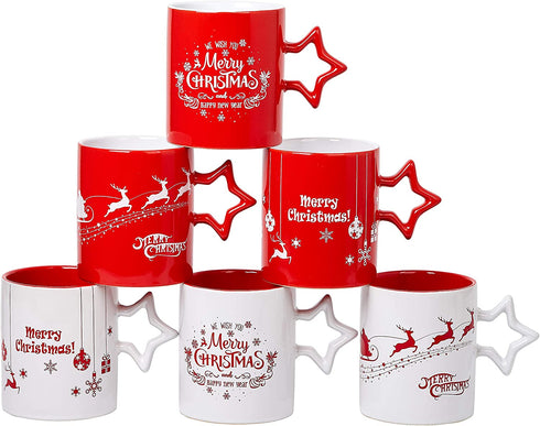 Coffee Mug Set Set of 6 Large-sized 14 Ounce Christmas Theme Ceramic Coffee Mugs Restaurant Coffee Mugs, Star Handle