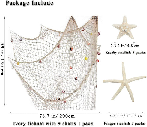 79 x 59 inch Nature Fish Net Wall Decoration with Sea Shells and 10 pcs Natural Starfish Mediterranean Style Decor Wall Decoration