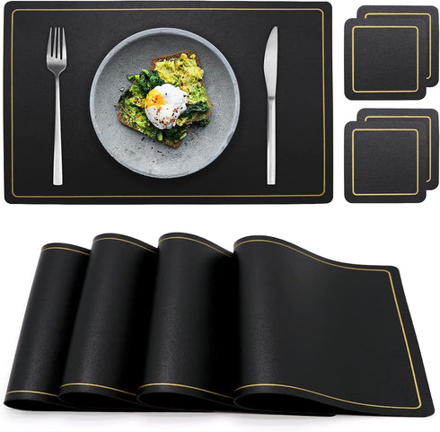 Placemats,Place Mats Coaster for Dinner Table Set of 4 Leather Placemats ,Heat-Resistant Non-Slip Washable Insulation Placemats Modern Fashion Style Placemats,4 Placemats & 4 Coasters (Black)