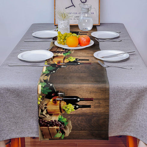 Savannan Dining Table Runner, Red Wine Grape Wooden Barrel Rustic Board Plank Long Anti-Skid Burlap Tabletop Decoration Runner for Kitchen, Parties, Banquets, 13"x120"