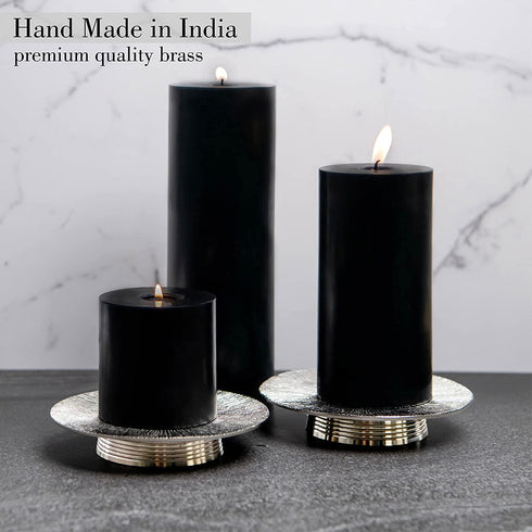 JEZZEJ Silver Pillar Candle Holder Set of 2 - Candle Holders for Table Centerpiece - Candle Holders for Pillar Candles - Handmade in India Candle Stand - Large Candle Plate to Protect Surface