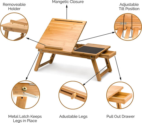 MORVAT Laptop Lap Desk with Storage Bed Desk Lap Tray with Built in Mouse Pad Adjustable Laptop Stand for Bed Writing Desk Lap Desk Bed Table Laptop Desk with Magnetic Drawer 100% Natural Bamboo Wood