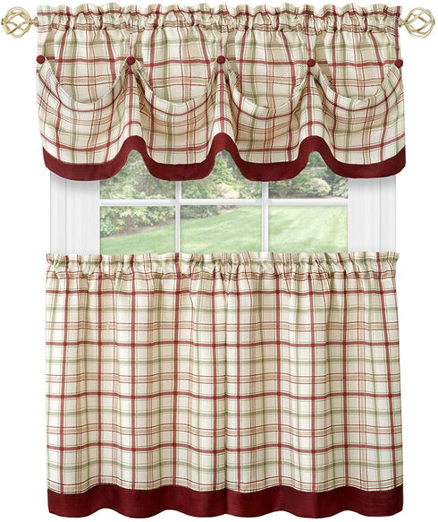 Achim Home Furnishings Tier Pair and Valance Set Tattersall Window Curtain, 58" x 24", Burgundy,TTTV24BU12