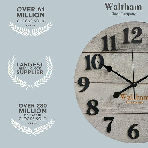 Waltham Real Wood Wall Clock, 12 inch, Battery Operated, Grey Finish - Made from Real Wood not Particle Board or MDF- 100% Real Wood!