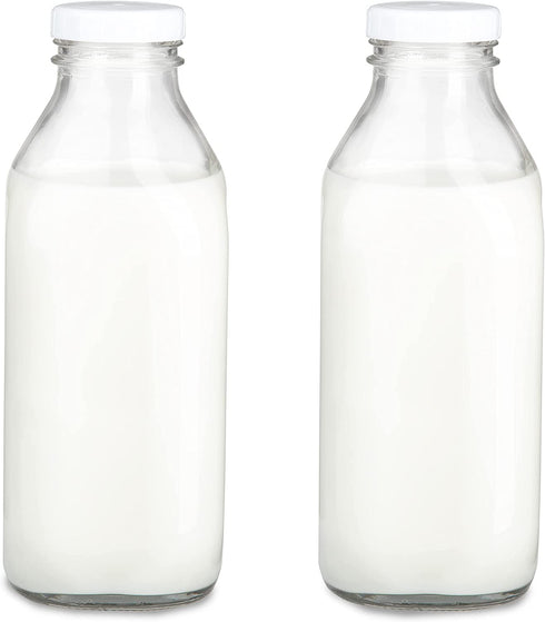 Ilyapa 33.8 oz Glass Milk Bottle with Plastic Lid - Pack of 2 - Vintage style Glass Milk Bottle with Cap for Milk, Kombucha, Juice, Water - Larger than 1 Quart