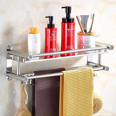 CLEKOD Bathroom Shelf with Towel Bar Wall Mounted No Drill Shower Shelves Self Adhesive Shampoo Holder Brushed Nickle Metal for Bathroom Tile Walls