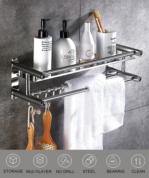CLEKOD Bathroom Shelf with Towel Bar Wall Mounted No Drill Shower Shelves Self Adhesive Shampoo Holder Brushed Nickle Metal for Bathroom Tile Walls