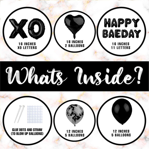 Happy BAEDAY Black Balloon Kit | Valentines Day Balloons | Anniversary Decorations | Best Black Balloons For Him | 16" XO Letter Balloons | Foil & Confetti Balloons | Black Heard Balloons