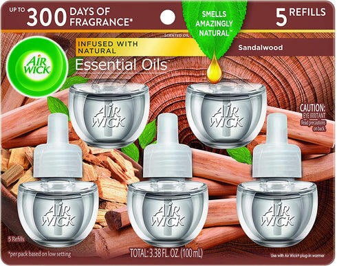 Air Wick Plug in Scented Oil, 5 Refills, Sandalwood, Fall scent, Essential Oils, Air Freshener,0.67 Fl Oz (Pack of 5) Packaging May Vary