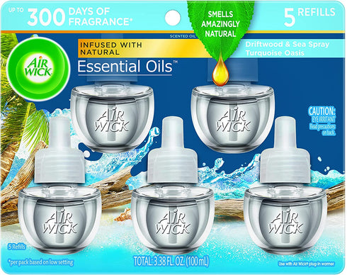 Air Wick Plug in Scented Oil 5 Refills, Driftwood & Sea Spray (Turquoise Oasis Juice), (5x0.67oz), Essential Oils, Air Freshener